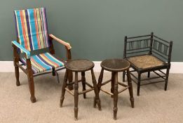 SEATING GROUP comprising a pair of vintage circular top stools, 54 x 31cms, a rush seated corner