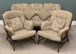 VINTAGE ERCOL LOUNGE SUITE comprising stickback sofa, 82 (h) x 195 (w) x 96cms (d) and a pair of