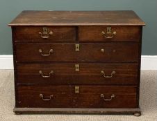 GEORGIAN OAK CHEST of two short over three long drawers with brass drop handles and escutcheons,