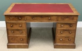 VICTORIAN MAHOGANY TWIN PEDESTAL DESK with red tool top and turned knobs, 75 (h) x 139 (w) x