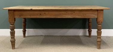 FARMHOUSE PINE KITCHEN TABLE on turned supports, 77 (h) x 186 (w) x 103cms (d) Provenance: private