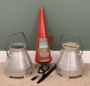 VINTAGE FURNISHING ITEMS comprising two conical Simplex milk churns with raised handles and a