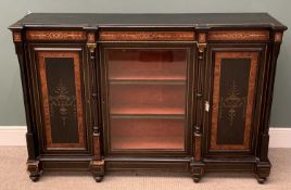 VICTORIAN EBONISED CREDENZA with gilt metal mounts, garland inlay and glazed central door, 108 (h) x