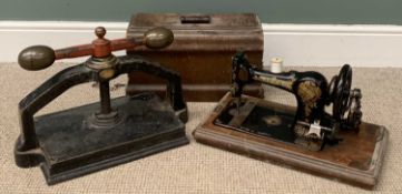 VINTAGE BOOK PRESS, 37 (h) x 52 (w) x 26cms (d) and a wooden cased Jones sewing machine