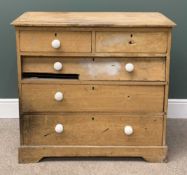 VINTAGE PINE CHEST, two over three drawers with white ceramic knobs, 92 (h) x 98 (w) x 46cms (d)
