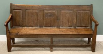 ANTIQUE BENCH having a five fielded panel back, carved date and initials 