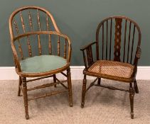 COMB BACK WINDSOR TYPE CHAIR & ANOTHER the Windsor with upholstered seat, the other with cane seat