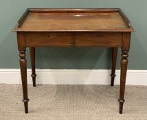 VICTORIAN MAHOGANY RAIL-BACK DESK with twin drawers, on turned and tapered supports, 80 (h) x 92 (w)