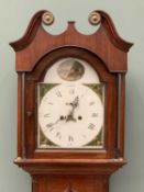 19TH CENTURY LONGCASE CLOCK with oak and mahogany trunk, painted dial with swan pediment hood,