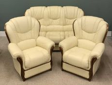 MODERN THREE PIECE SUITE in cream leather or effect and dark wood trim, comprising three seater