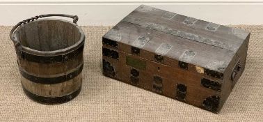 TWO FURNISHING ITEMS comprising vintage wooden coopered pail with carry handle and steel banding and