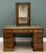 CORNER CABINET & A VICTORIAN MAHOGANY TWIN PEDESTAL DESK with green leather effect tooled top,
