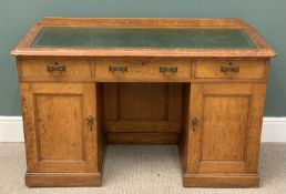 VINTAGE LIGHT OAK TWIN PEDESTAL DESK with green tool top and railback, 80 (h) x 125 (w) x 53cms (