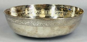 PERSIAN/MIDDLE EASTERN CIRCULAR WHITE METAL BOWL, chased with bands of scrolls, central inscription,