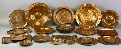 LARGE GROUP OF ARTS & CRAFTS/ART NOUVEAU COPPERWARE with repousse decoration, square dish with fish,