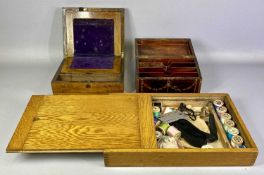 GROUP OF BOXES, Edwardian rectangular oak example with sliding top, containing sewing threads and