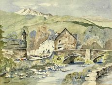 ‡ EVE COTTRILL (Contemporary British) watercolour - bridge over river with mountains beyond,
