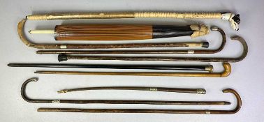 COLLECTION OF VINTAGE WALKING STICKS & RELATED ITEMS, some with silver mounts, Chinese paper parasol