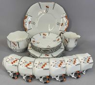 SUTHERLAND CHINA 1778 PATTERN TEA SERVICE, black and red triangles with platinum trim, 21 pieces