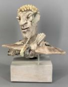 ALAN SIDNEY STONEWARE SCULPTURE, bust of a male with pelican, entitled 'Free Spirit', 25cms (h)