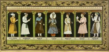 MUGHAL SCHOOL (19th century) watercolour - emperors and princes with titles and dates highlighted in