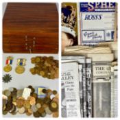 GROUP OF COLLECTABLES including a teak 12-drawer coin cabinet, 15 (h) x 31 (w) x 31cms (d),