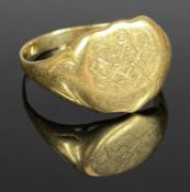 18CT GOLD SIGNET RING engraved with Masonic emblem, 7.3gms, size V Provenance: private collection