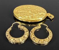 9CT GOLD JEWELLERY comprising oval locket with scroll engraved decoration to the front, 34 x 23mms