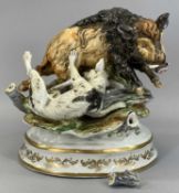 GROUP OF CERAMIC ANIMALS including continental porcelain hound with boar on oval gilded plinth,