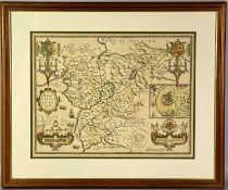 JOHN SPEEDE HAND COLOURED ENGRAVED MAP, Merionethshire 1610 or later, with town plan of Harlech,