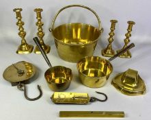 GROUP OF BRASSWARE, mainly 19th century, including circular trivet with swing handle, 27cms (diam.),