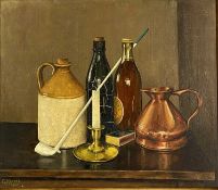 ‡ CARL RUDOLPH KRAFFT (American 1884-1938) oil on board - still life flagons, bottles, clay pipe,