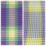 TWO WELSH WOOLEN WAFFLE BLANKETS, purple, green and cream check pattern, double sided and fringed,