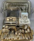 SILVER PLATED ITEMS including a large two handled tea tray, engraved with ferns and with gadrooned