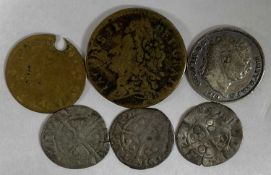 JAMES II IRISH GUNMONEY HALF CROWN 1689, George III silver shilling 1819, three Medieval silver