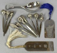 GROUP OF SMALL SILVER/WHITE METAL ITEMS, William IV caddy spoon, monogrammed handle, London 1831,