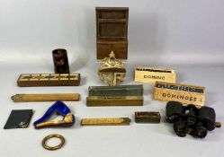 GROUP OF COLLECTABLES including an inlaid cribbage board, two sets of dominos, vintage brass faced