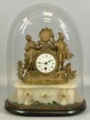 GILDED SPELTER MANTEL CLOCK, barrel dial with classical figures to either side and surmounted with