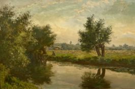 GEORGE MOORE HENTON (1861-1924) oil on canvas - entitled verso 'Haymaking by the Wreake,