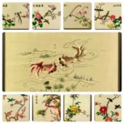 NINE CHINESE SILKWORK PICTURES, flowering branches and birds, various sizes, 85 x 42cms the