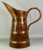 LARGE VICTORIAN COOPERED OAK CIDER JUG with copper hoops, loop handle and spout, 61cms (h)
