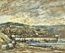 ‡ DORIS E. CRICHTON (British 20th century) mixed media - harbour with boats, possibly Bangor, signed