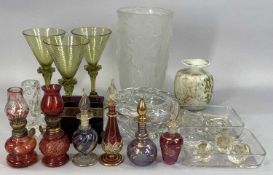 GROUP OF GLASSWARE, three Sowerby Wrythen green wine glasses, 15.5cms (h), frosted moulded glass