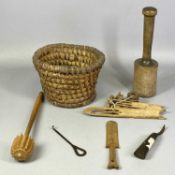 GROUP OF ANTIQUE/VINTAGE WELSH FOLK ITEMS including wooden net making tools, a spoon carver with