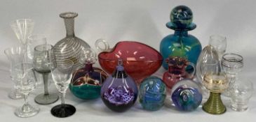 GROUP OF GLASSWARE including Mdina scent bottle with stopper, 16cms (h), cranberry glass heart