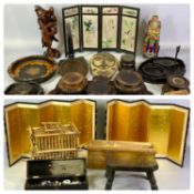 GROUP OF ORIENTAL COLLECTABLES including a bamboo bird cage, 25cms (w), Chinese carved hardwood