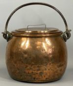 19TH CENTURY CIRCULAR COPPER CAULDRON with cover, steel swing handle, 28 (h) x 30cms (diam.)