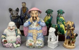 GROUP OF ORIENTAL CERAMICS, Chinese Famille Verte Foo dogs a pair, 21cms (h) and two other