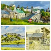 GILL MICKLE oil on board - harbourside cottages with figures and buoy in foreground, signed lower