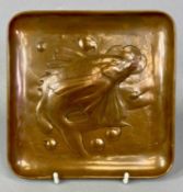 NEWLYN ART COPPER TRAY, repousse decorated with a fish and bubbles, stamped to the base, 15.5cms